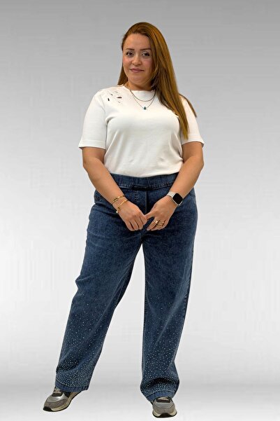 Eslina 69001 Büyük Beden Beli Lastikli Cep Görünümlü Taşlı Kot Pantolon - Lac...