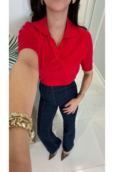 BİRCANÇİL Md News Red Polo Collar Short Sleeve Knitwear