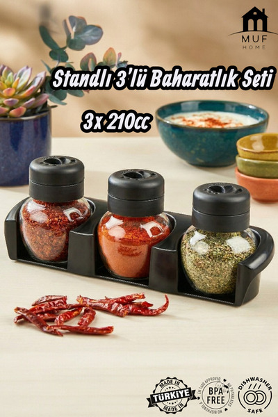 MUF HOME طقم توابل عصري من QLUX IDEAS مكون من 3 قطع مع حامل زخرفي - 3 × 210 م...