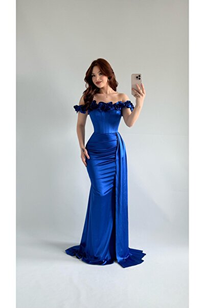 AYŞENUR DİNÇER Roseline Çiçekli Abiye Saks Mavisi