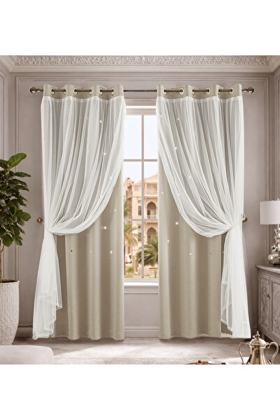 L&Wen Star Blackout Curtains with Sheer, Drapes Grommet Room Curtain (Beige (...