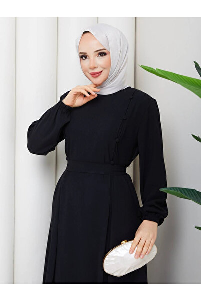 Butik Siyah Krep Kumaş Kuşaklı Elbise Modelimiz