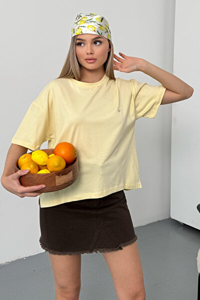 GİYSA Women's Crew Neck Heart Cherry Accessory 100% Cotton T-Shirt Yellow - 2...