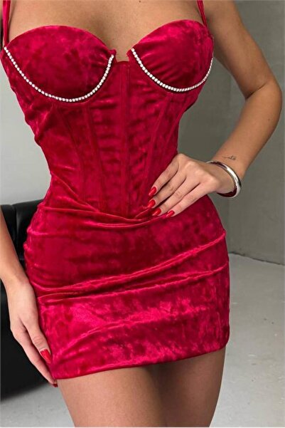 Dipmoda Women's Velvet Strap Chest Stone Detailed Red Mini Evening Dress Dpdf179