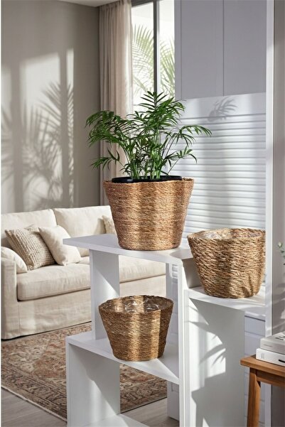 Bayev Hasır 3'Lü Poşetli Saksı Seti - Doğal Hasır Saksılık Set