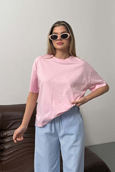 GİYSA Ženska Sa prorezom 100% pamuk komad Osnovni T-shirt roze - 26Y 26505