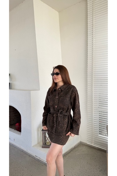 Leopar etek ceket takım