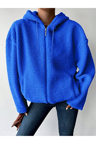 BLUSS Women's Burgundy Plush Teddy Fabric Hooded Cardigan with Zipper Fleece-...