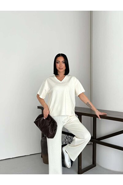 Tarzımızbir Stone T-Shirt V-Neck Modal Fabric Tracksuit Set