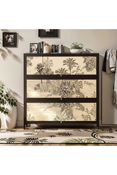 Zztcmp خزانة أحذية من بامبو بثلاثة أدراج، باب بنقشة استوائية، تصميم موفر للمس...