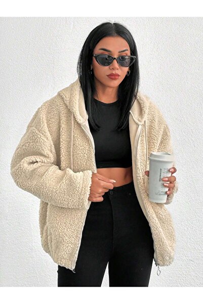 BLUSS Women's Burgundy Plush Teddy Fabric Hooded Cardigan with Zipper Fleece-...