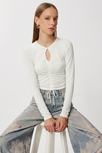 happinessistanbul Ruched Cut Out Detailed Knitted Blouse