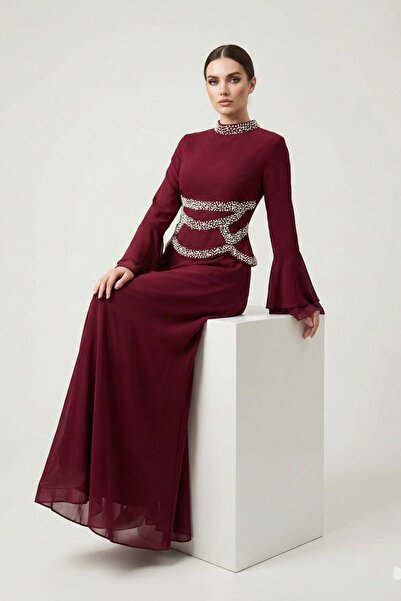 hakimoda فستان سهرة من إنسيةهادريانا وشيفون باللون العنابي