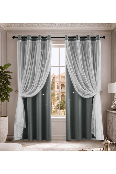 L&Wen Star Blackout Curtains with Sheer, Drapes Grommet Room Curtain (Grey (2...