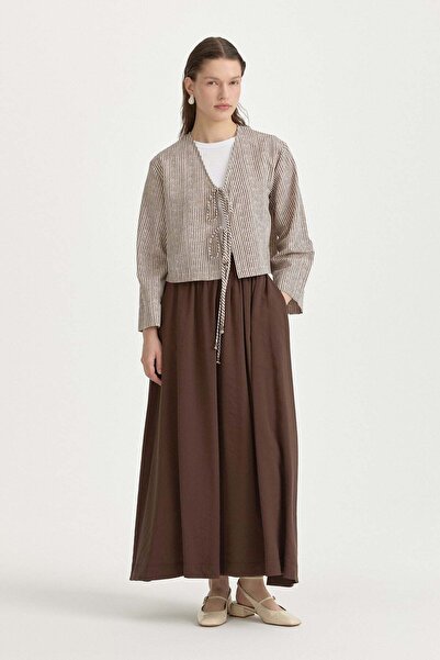 Nihan Bağlama Detaylı Keten Etek Bluz Takım Kahve
