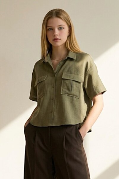 Trend Alaçatı Stili Γυναικείο Πράσινο Πουκάμισο Φάκελος Με τσέπες Λινό Alc-X1...