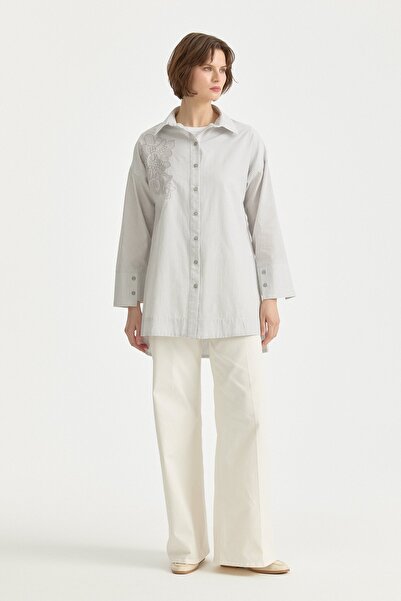 Nihan Nakış Detaylı Çizgili Pamuk Tunik Gri