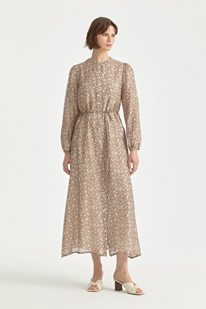 Nihan Önden Düğmeli Minik Çiçek Desenli Lyocell Elbise Açık Kahve