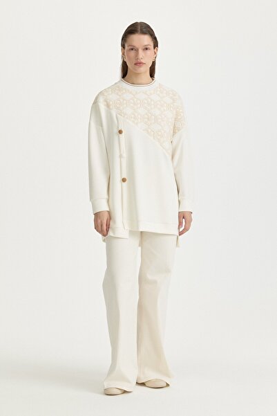 Nihan Brode Dantel Detaylı Örme Modal Karışımlı Sweat Ekru