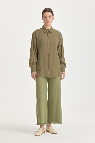 Nihan Modal Vintage Gömlek Yaka Basic Tunik Haki