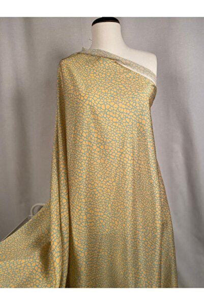 Tasarım ve Marka Kumaşlar Sarı Zemin Yeşil Desenli Jakarlı Saten Metrelik Kumaş