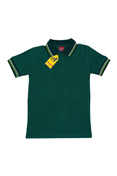 Polo Yaka Pamuklu Kısa Kol Yeşil Beyaz Çizgili Yaka Yeşil Çocuk Okul Tişört - T shirt