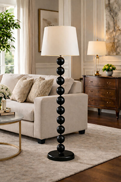 Natiorj Dejavu Siyah Model Krem Konik Kumaş Abajur Lambader Yatak Odası Salon...