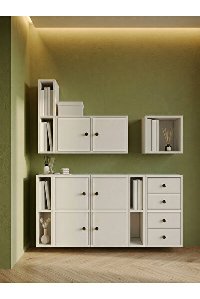 FOR WOMAN DESİGN Ahşap Modern Çok Amaçlı Dolap Seti 6 Kapaklı 4 Çekmeceli Yen...