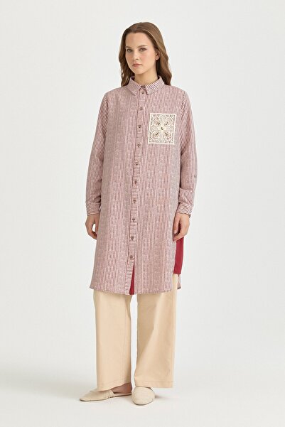 Nihan Büyük Beden Nakış ve Çizgi Kumaşlı Keten Tunik Bordo