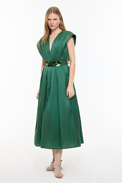 Roman V Yaka Pileli Midi Boy Tafta Elbise Yeşil YY011301_012