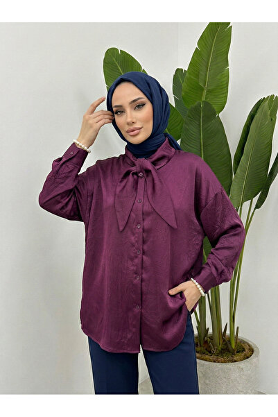 Foremia Yaka Detay Saten Tunik-Mürdüm