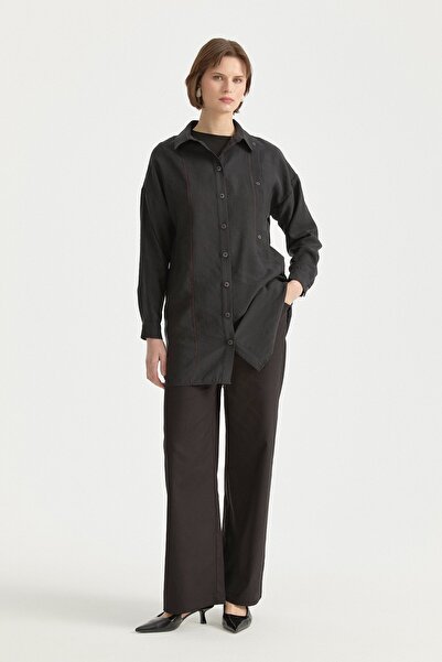 Nihan Kontrast Dikiş Detaylı Oversize Tencel Tunik Siyah