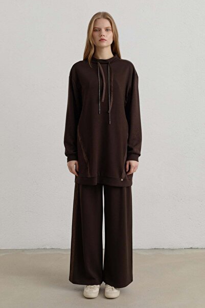 Nihan Taş Baskı Detaylı Örme Pantolon Tunik Takım Kahve