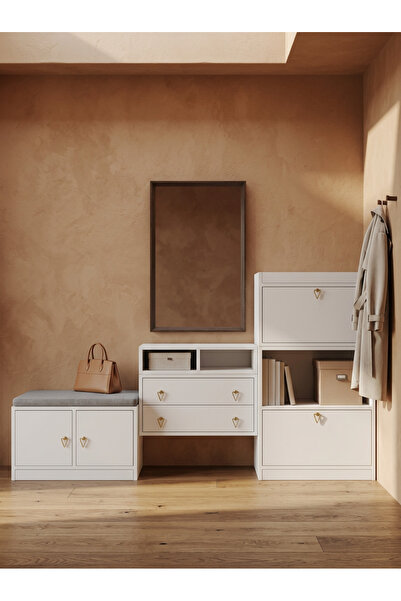 FOR WOMAN DESİGN Ahşap Vestiyer 4 Kapak 2 Çekmeceli Modern Yeni Nesil Düzen