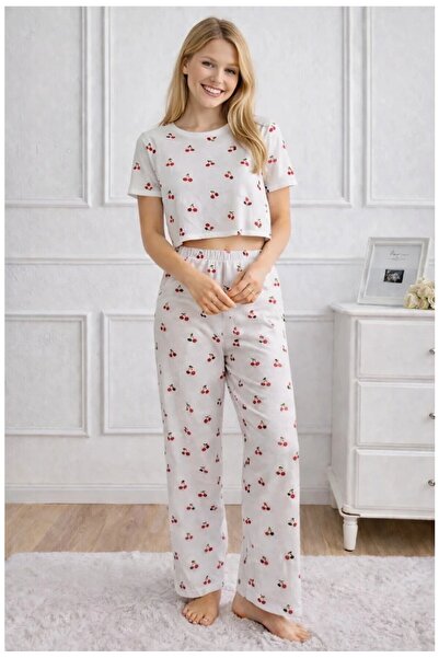 CARLA MARA Women's White Cherry Patterned Top and Bottom Pajama Set - Home Wear