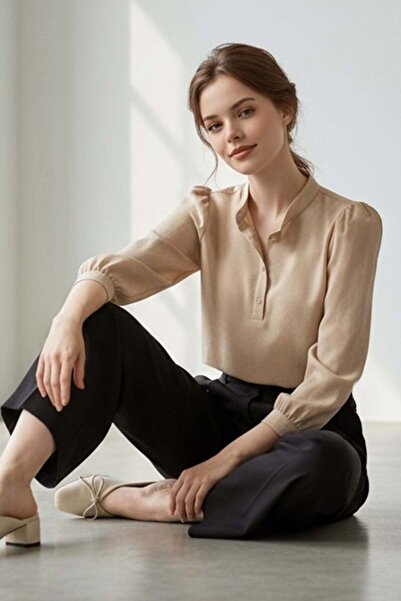 Trend Alaçatı Stili Women's vanilla dominant collar half placket balloon slee...