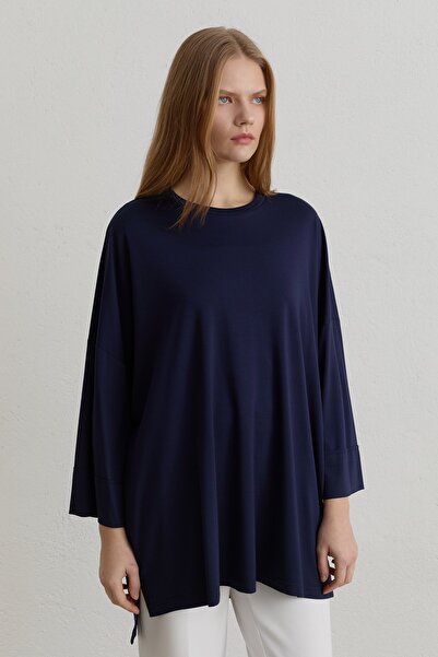 Nihan Yanları Yırtmaçlı Oversize Örme Bluz Lacivert