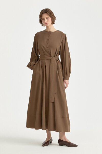 Nihan Kuşaklı Lyocell Gömlek Elbise Kahve