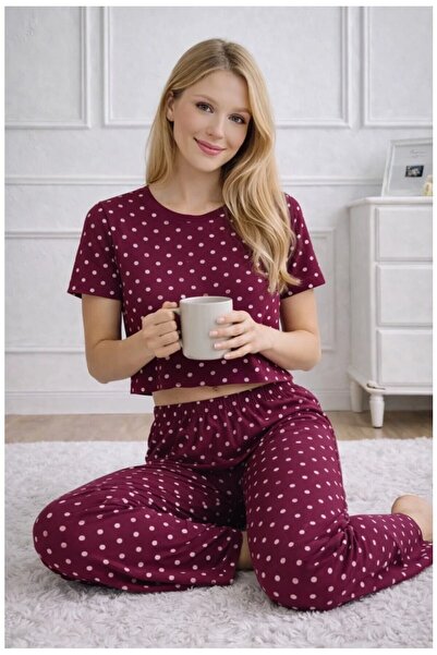 CARLA MARA Women's Burgundy Polka Dot Patterned Top and Bottom Pajama Set - H...