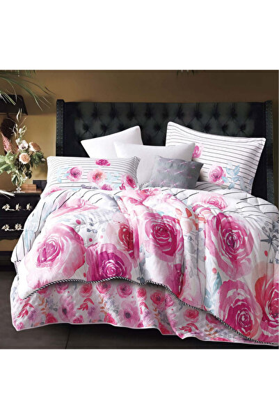 Alhabib bedding Double summer bedspread in white and fuchsia with floral patt...