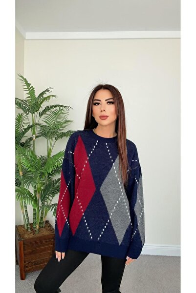 DİDEM GÜLTAKTI Kote Women's Diamond Patterned Navy Blue Claret Red Gray Knitw...