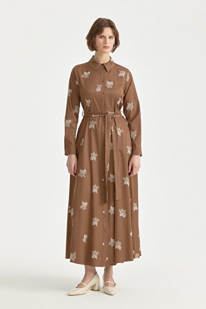 Nihan Nakış Detaylı Pamuk Gömlek Elbise Açık Kahve