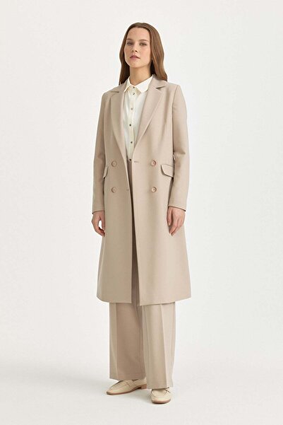Nihan Kruvaze Kapama Uzun Blazer Poly. Viskon Basic Ceket Bej
