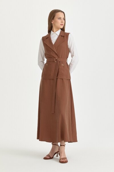 Nihan Yeleği Bağlamalı Etekli Tencel Takım Açık Kahve