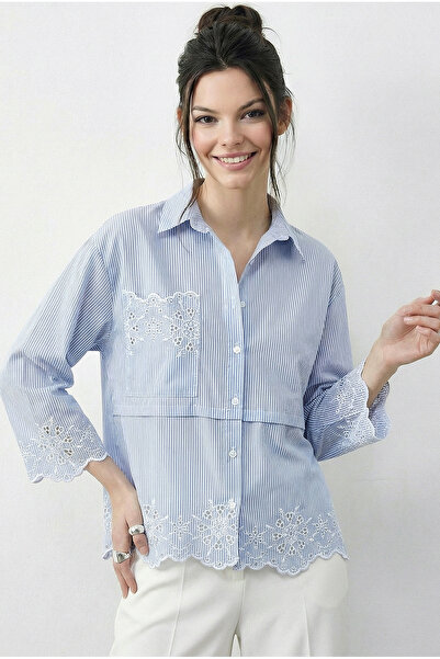 Bianco Lucci Kadın Nakış Detaylı Cep Tasarımlı Çizgili Rahat Kalıp Poplin Göm...