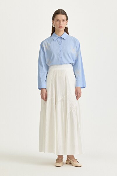 Nihan Asimetrik Büzgü Detaylı Viskon Etek Ekru