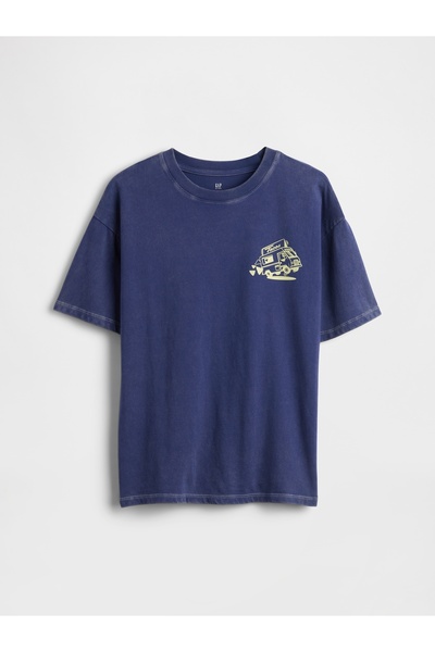 GAP Erkek Çocuk Koyu Mavi Relaxed Grafik Baskılı T-Shirt