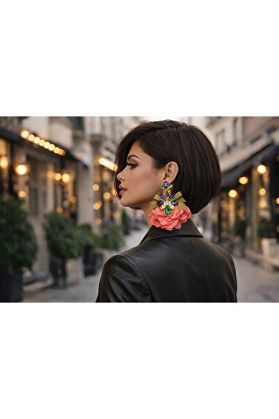 TAUPE Bijoux Yvonne02 Pembe Kumaş Çiçekli ve Renkli Taşlı XL Küpe