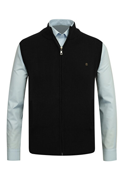Çizgi Triko Men's Half Turtleneck with Pocketed Zippers Black Vest Classic Fi...