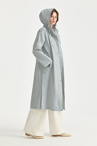 Nihan Apolet Detaylı Beli Büzgülü Trençkot Gri Mavi